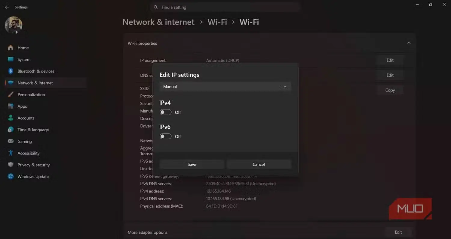 پنجره تنظیمات IP در Windows روی حالت دستی با کلید IPv4