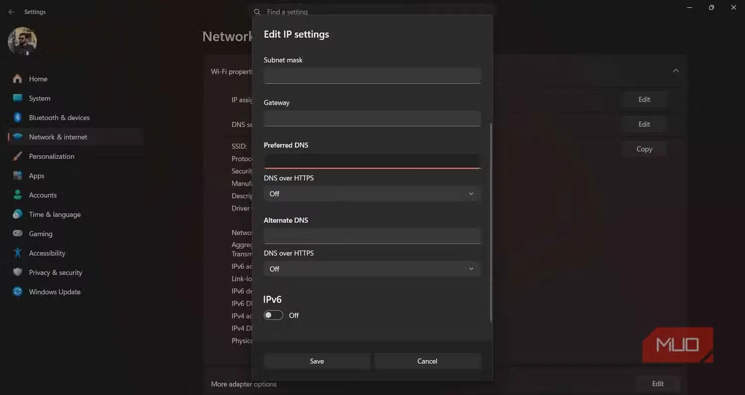 فرم پیکربندی دستی IP و DNS در Windows با کادرهای DNS ترجیحی