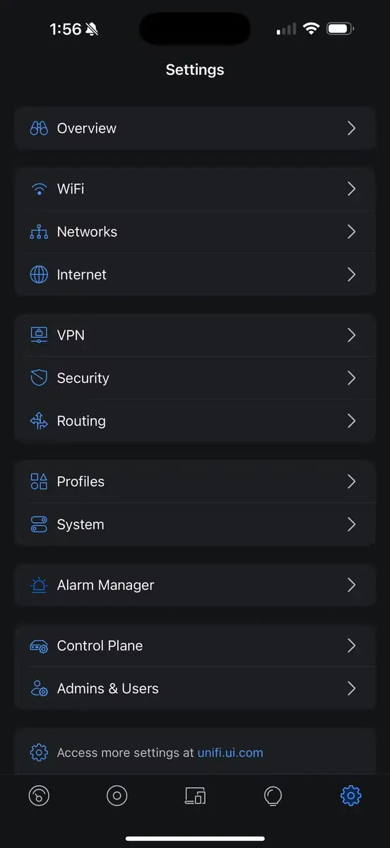 منوی تنظیمات برنامهٔ UniFi