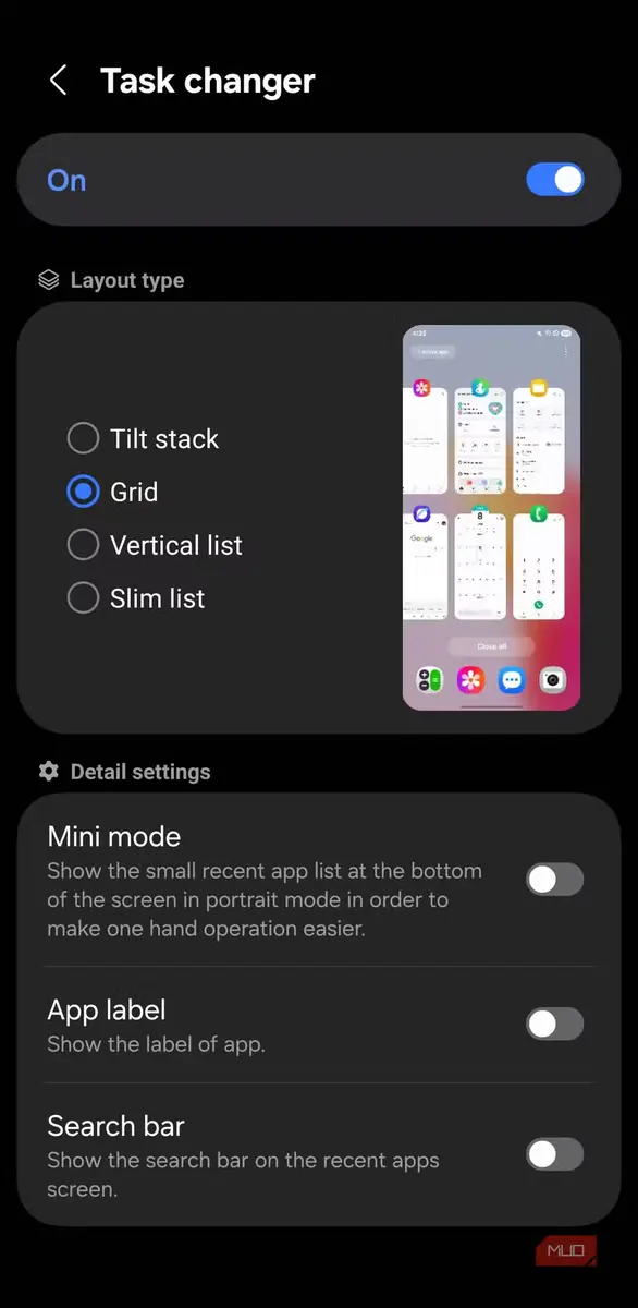ماژول Task Changer با نمای Grid انتخابشده
