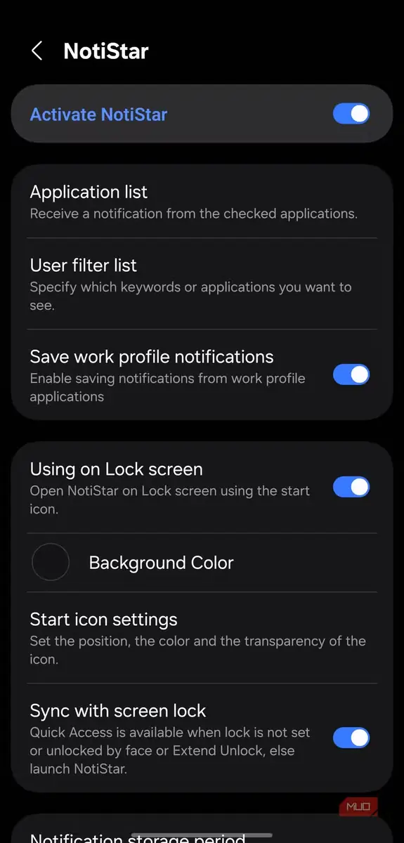 تنظیمات NotiStar با پالایهها و گزینههای صفحهٔ قفل