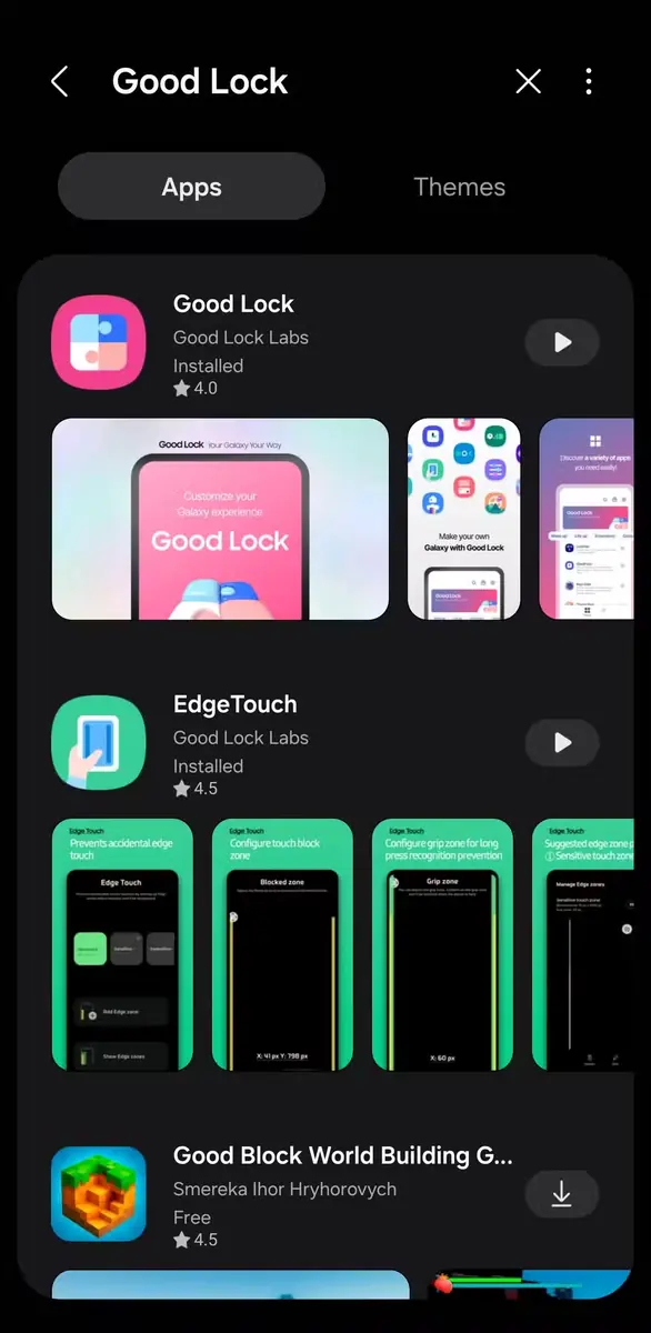 نتایج جستوجوی Galaxy Store با نمایش برنامهٔ Good Lock