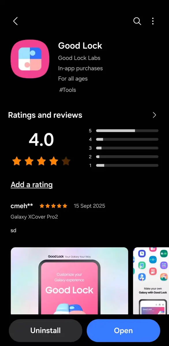 صفحهٔ برنامهٔ Good Lock در Galaxy Store با امتیاز ۴ ستاره