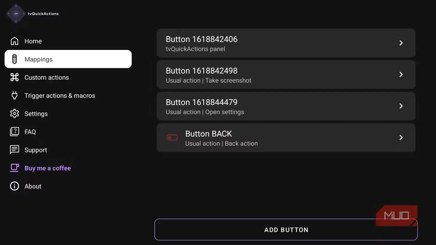 صفحه نگاشت دکمهها در TVQuickActions Pro با فهرست چهار دکمه