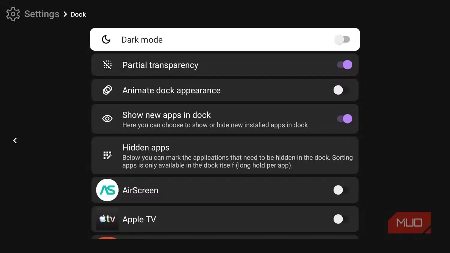 گزینههای نوار میانبر در تنظیمات TVQuickActions Pro همراه با فهرست برنامههای پنهان