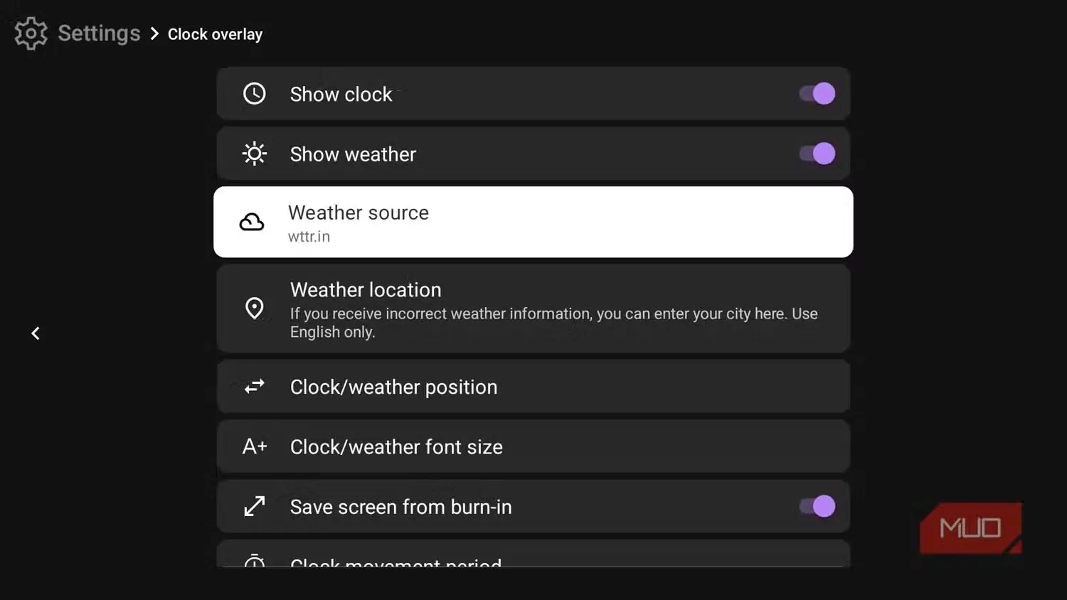 گزینههای نمایش ساعت روی تصویر در تنظیمات TVQuickActions Pro