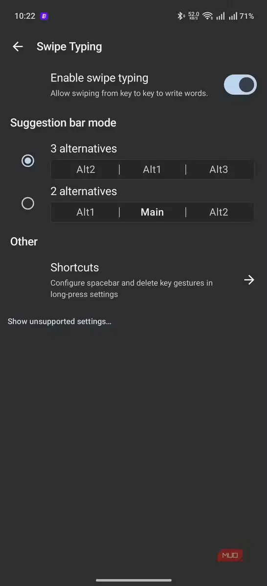 گزینههای تایپ کشیدنی در FUTO Keyboard