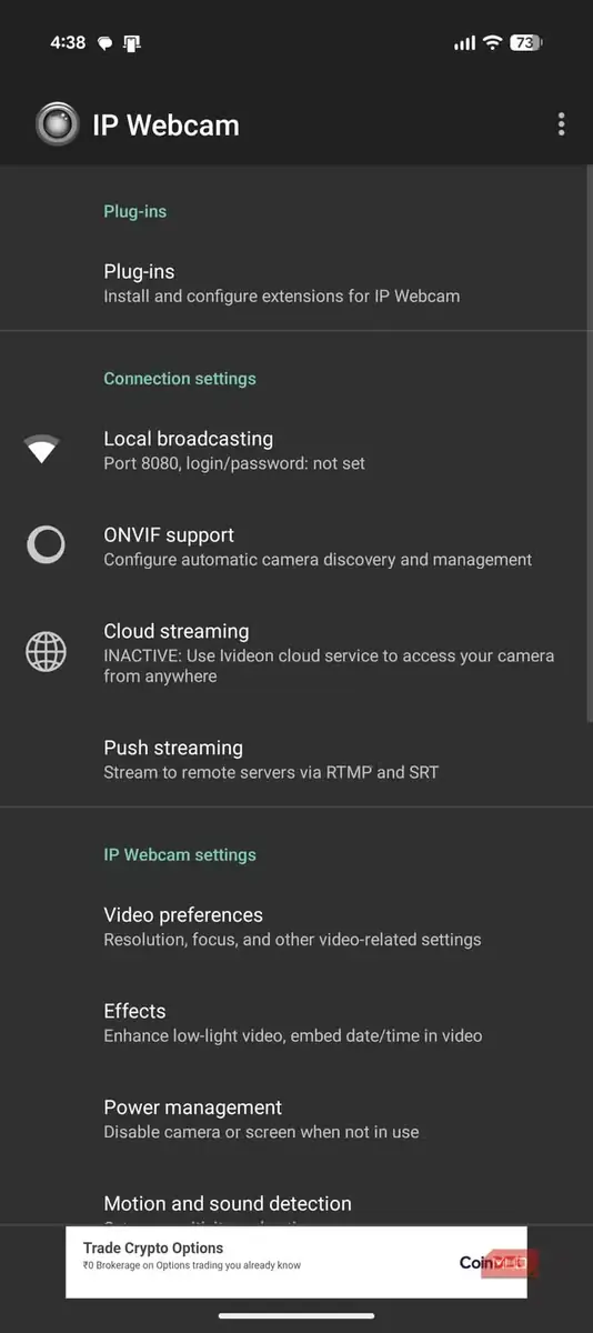 صفحه تنظیمات دوربین در برنامه IP Webcam.