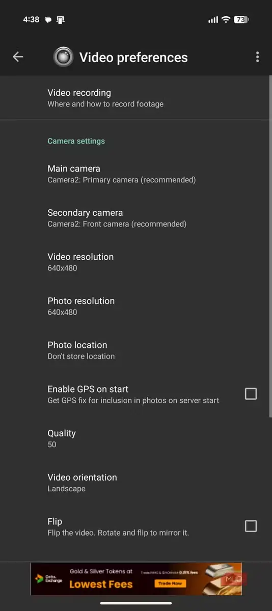 صفحه ترجیحات ویدئویی برنامه IP Webcam.