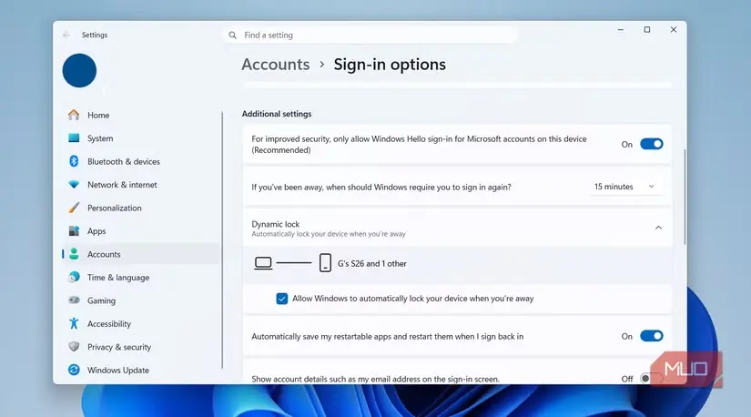 تنظیمات قفل پویای Windows