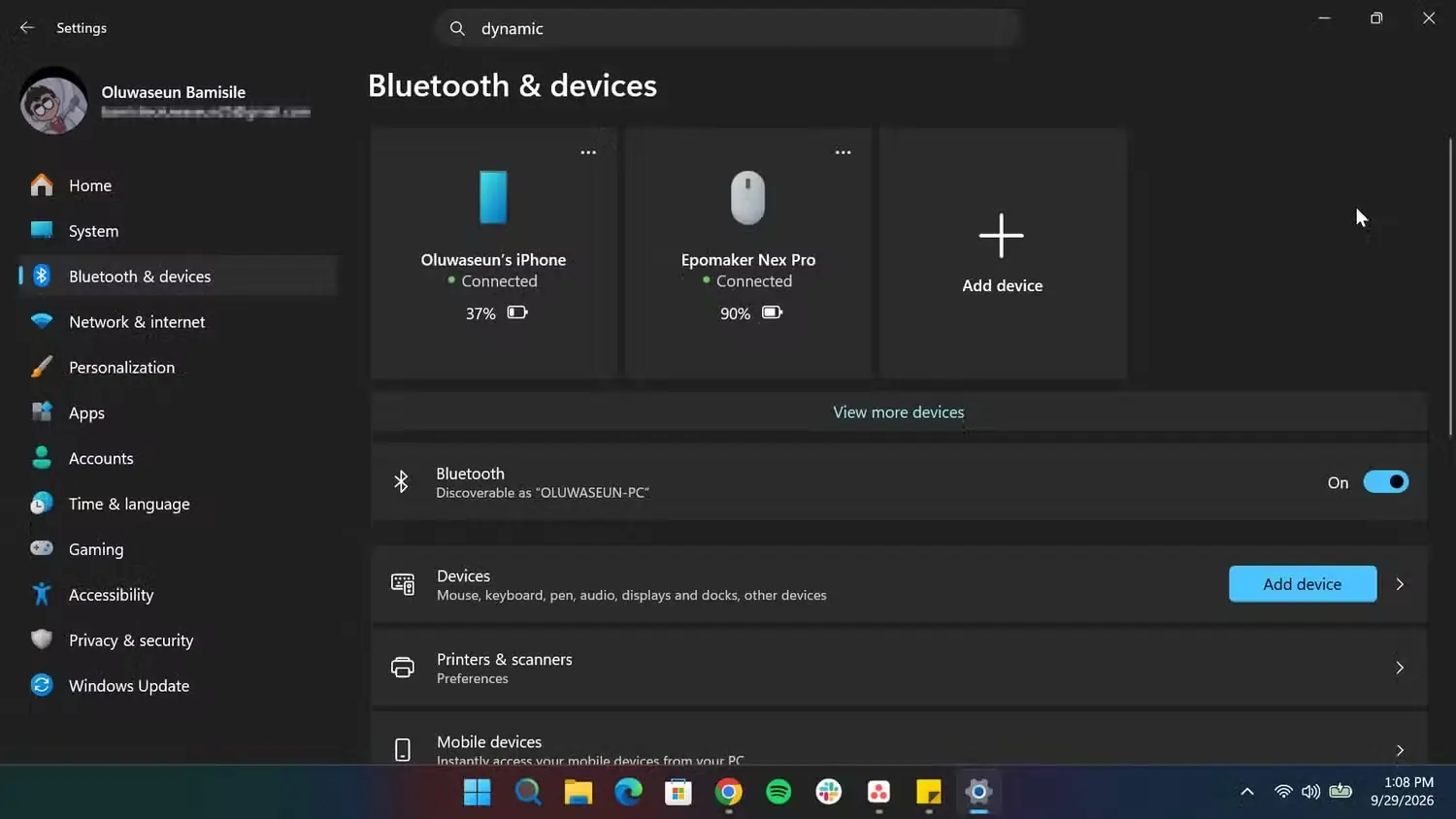 صفحه تنظیمات بلوتوث Windows