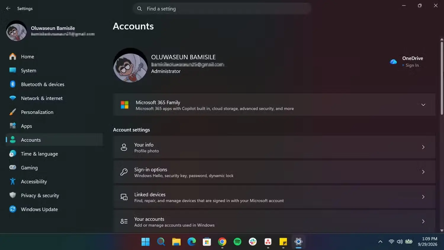 صفحه تنظیمات حساب‌های Windows