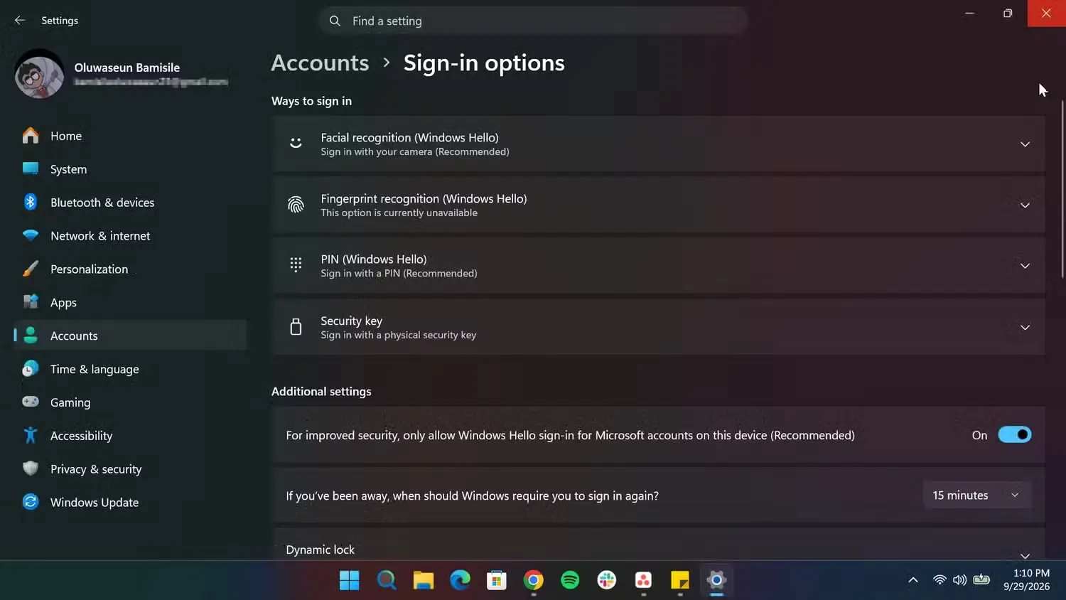 گزینه‌های ورود به Windows در بخش تنظیمات