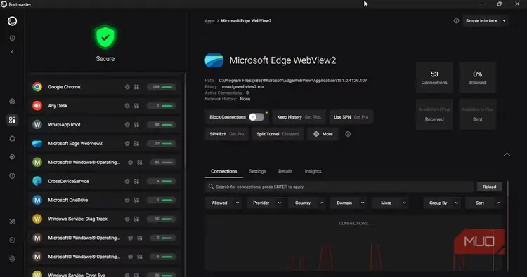 نمای Microsoft Edge WebView2 در برنامه Portmaster