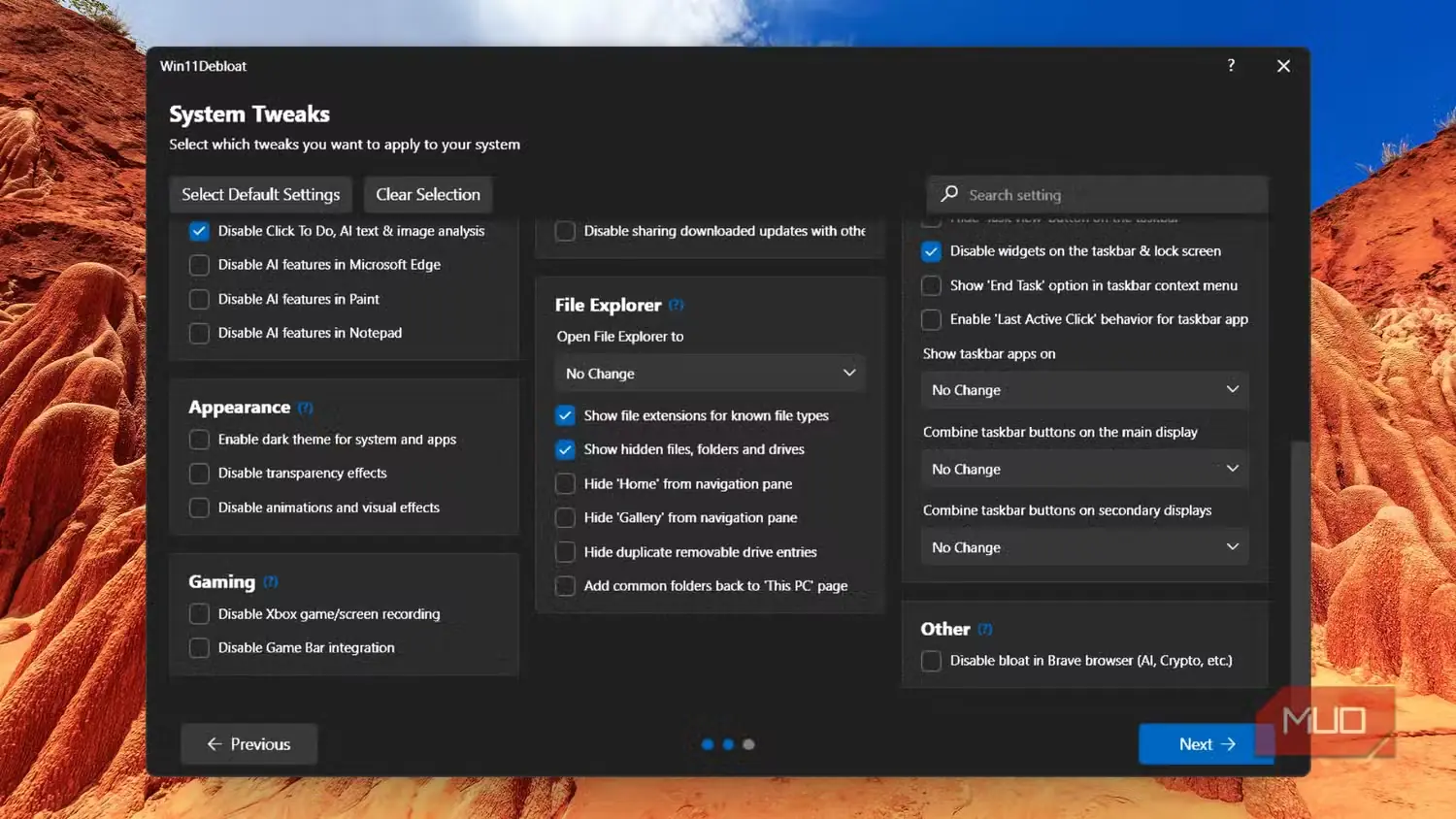 بخش دستکاریهای سامانه در Win11Debloat با گزینههای برگزیده File Explorer ـ ۱