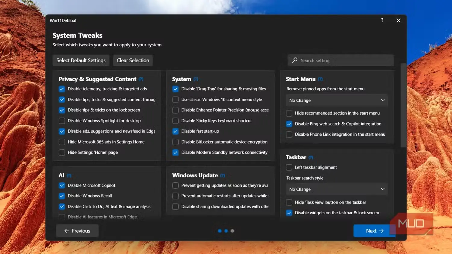 بخش دستکاریهای سامانه در Win11Debloat با تغییرات انتخابشده ـ ۱
