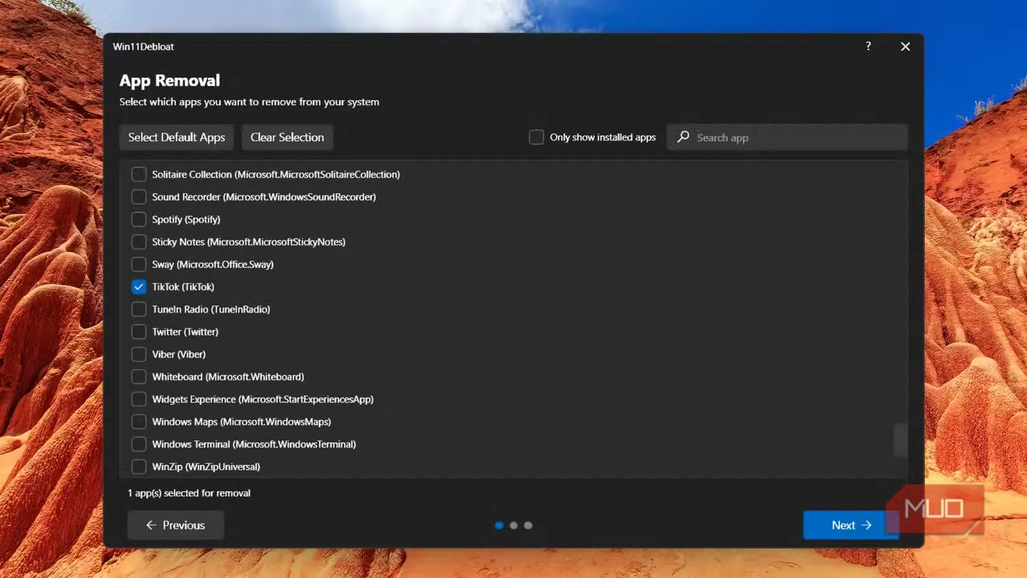 بخش حذف برنامهها در Win11Debloat با انتخاب TikTok ـ ۱