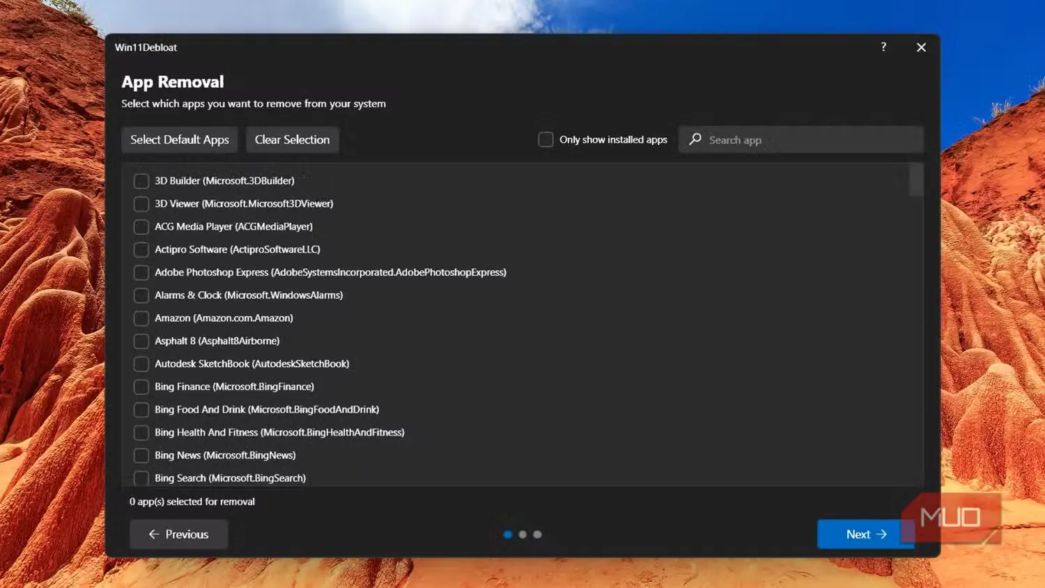 بخش حذف برنامهها در Win11Debloat بدون هیچ برنامه انتخابشده ـ ۱