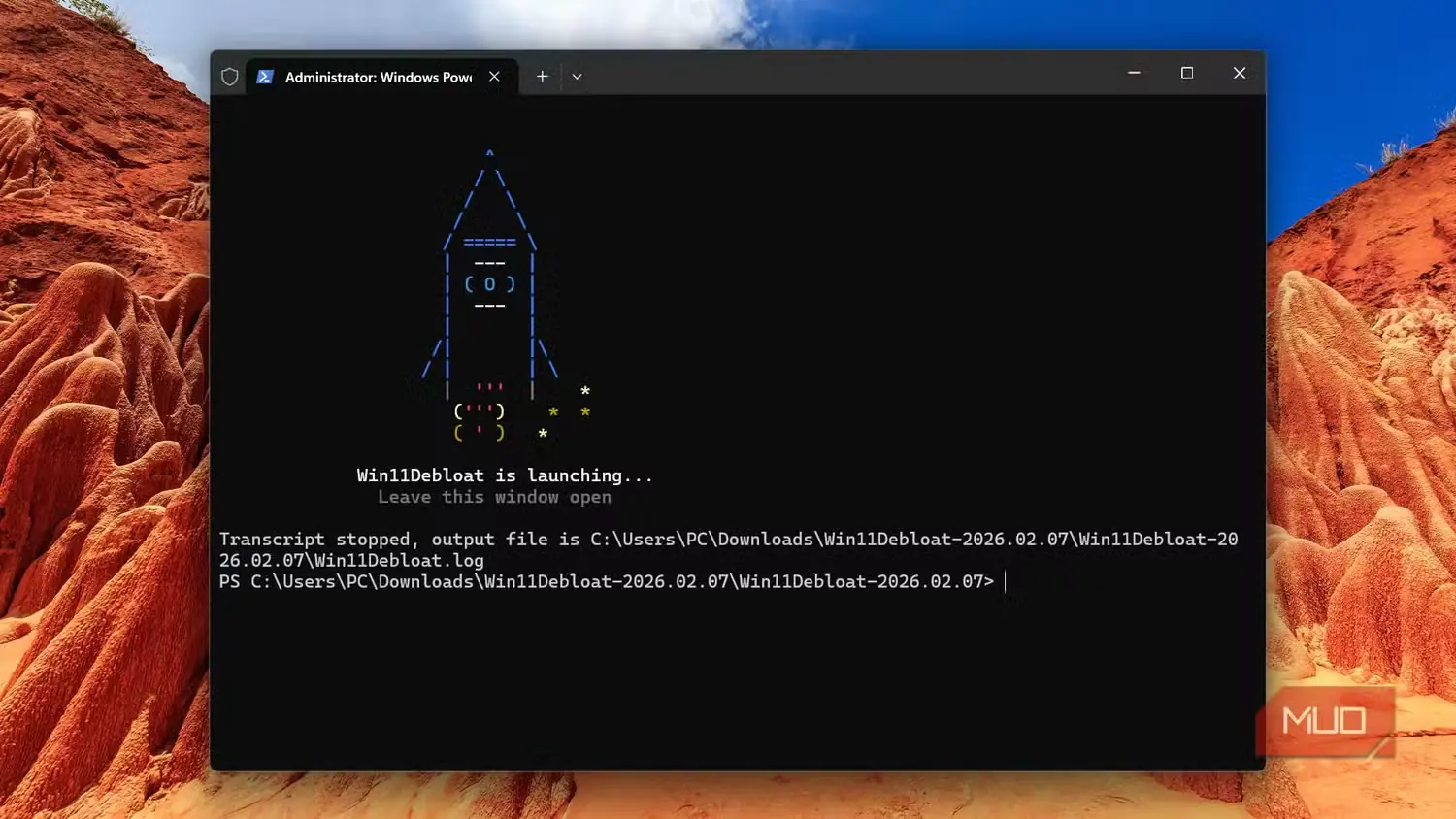 نمای Win11Debloat با پیام توقف ثبت رویدادها