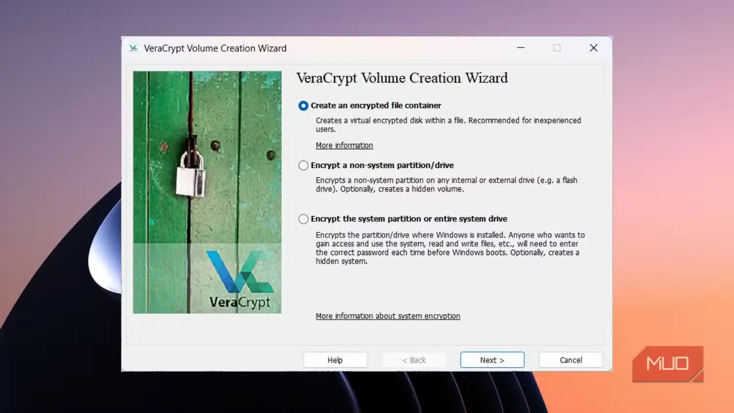 جادوگر VeraCrypt با گزینههای ساخت محفظه فایل رمزگذاریشده یا رمزگذاری یک پارتیشن
