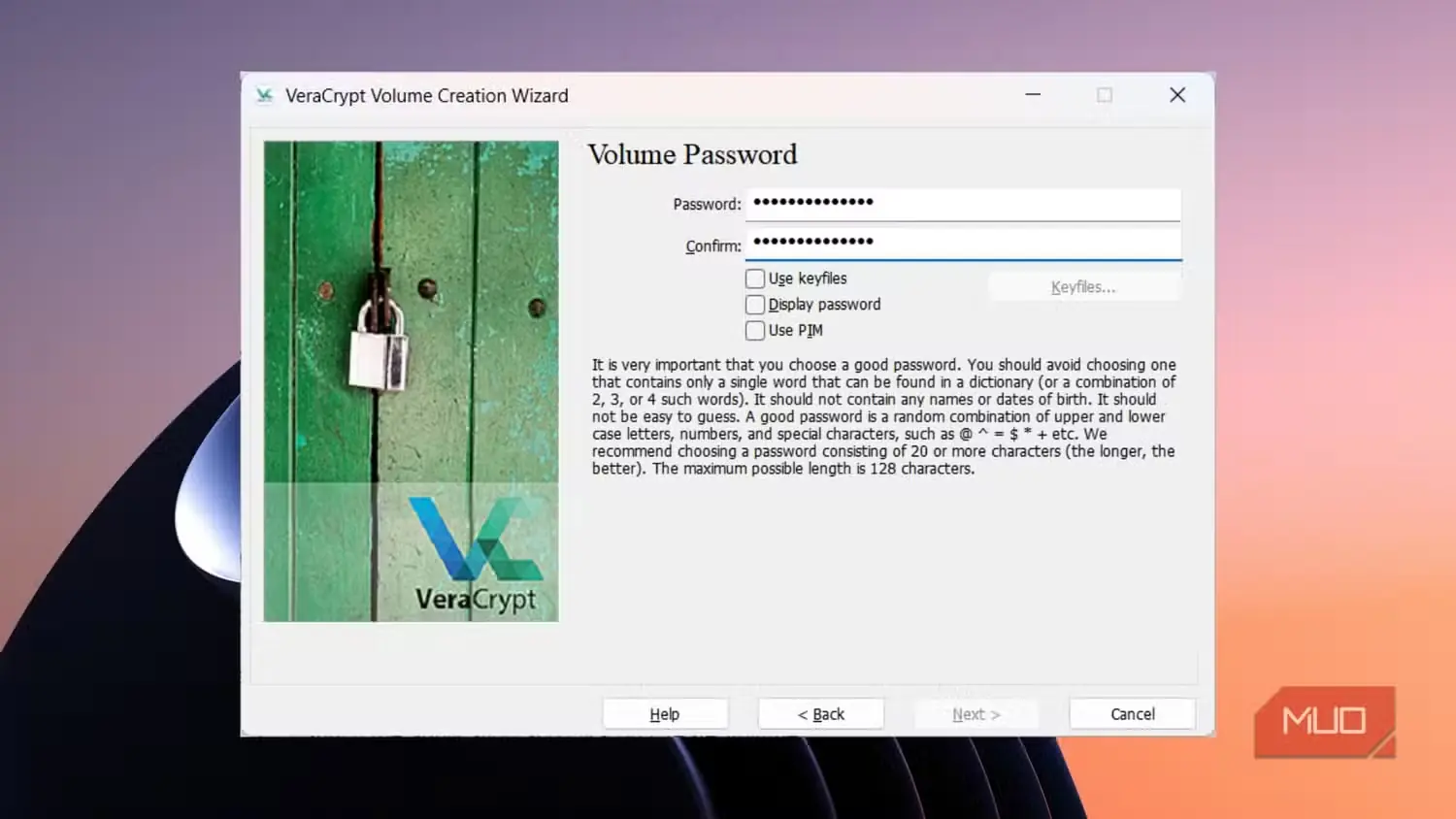 صفحه ساخت گذرواژه در جادوگر VeraCrypt با گزینههای فایل کلید و PIM