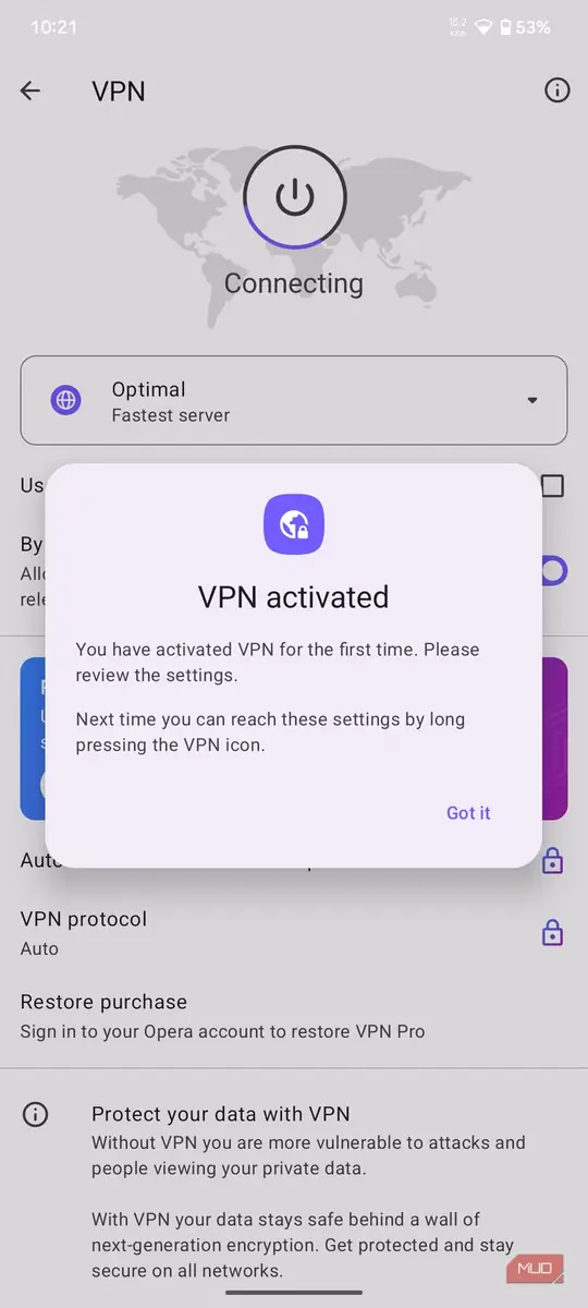 صفحه تنظیمات VPN مرورگر اپرا در اندروید