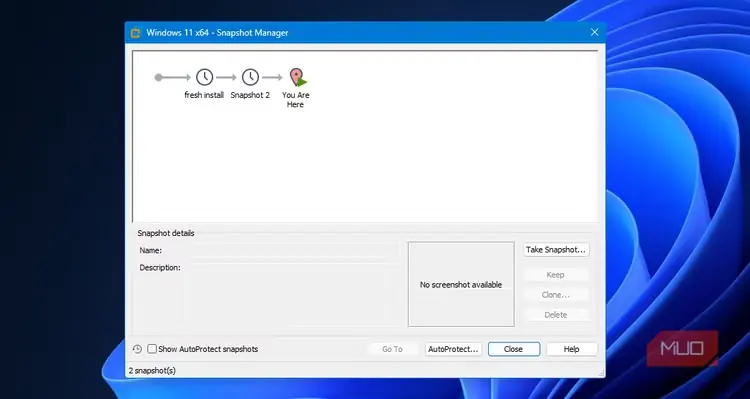 مدیر اسنپشات VMware با دو اسنپشات قدیمیِ متصل به ماشین مجازی آزمایشگاهی Windows 11