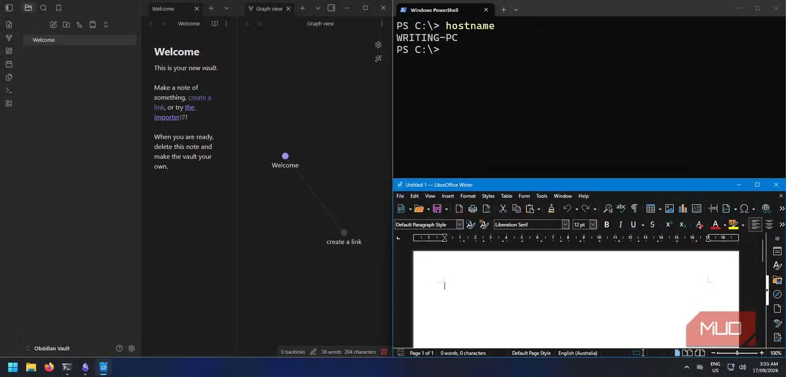 کلون پیوندی Windows با نام WRITING-PC در حال اجرای مستقل مخزن Obsidian و LibreOffice Writer