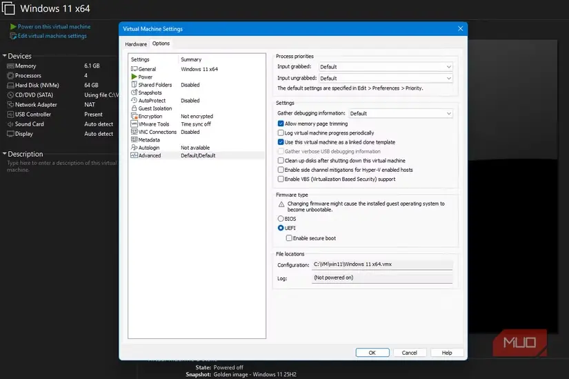 تنظیمات پیشرفتهٔ VMware برای استفاده از ماشین مجازی Windows 11 بهعنوان الگوی محافظتشدهٔ کلون پیوندی