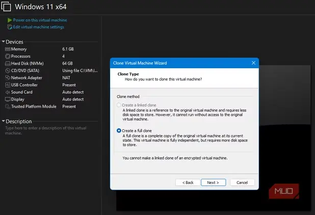 جادوگر کلون VMware در حال نمایش جلوگیری رمزگذاری از ساخت کلون پیوندی برای ماشین مجازی Windows 11