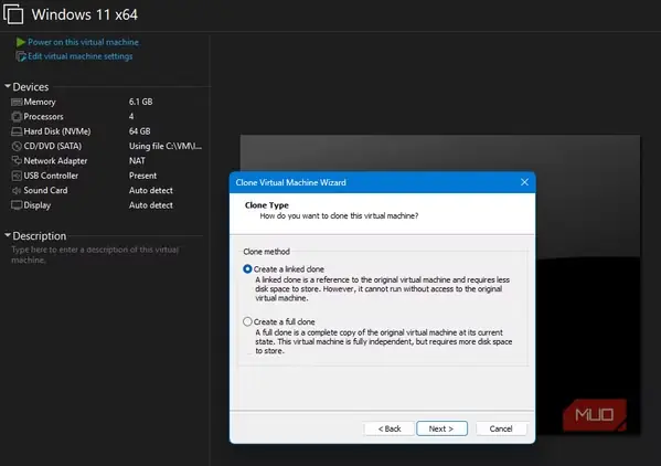 جادوگر کلون VMware با گزینههای کلون کامل و پیوندی پس از حذف رمزگذاری