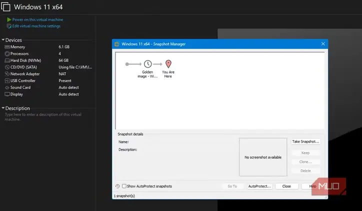 مدیر اسنپشات VMware با اسنپشات تکمیلشدهٔ تصویر طلایی Windows 11 برای کلونهای پیوندی