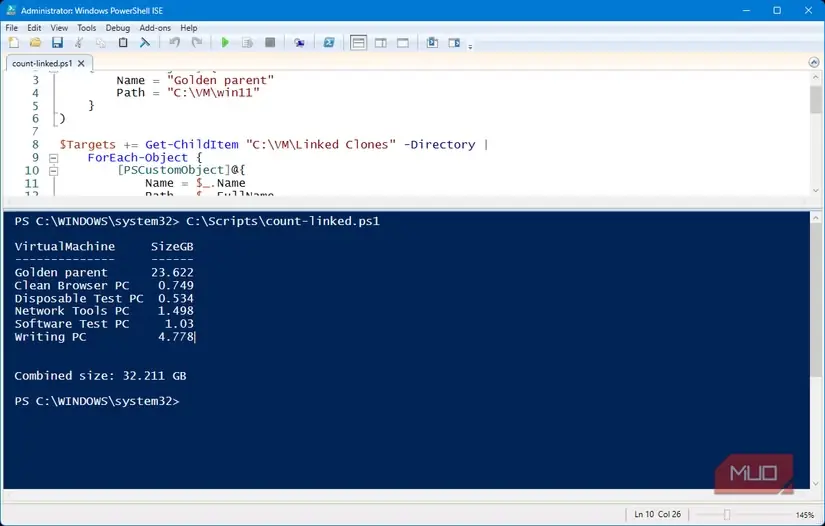 نمایش یک تصویر طلایی Windows و پنج کلون پیوندیِ سفارشیشده با حجم ترکیبی حدود 32GB در PowerShell