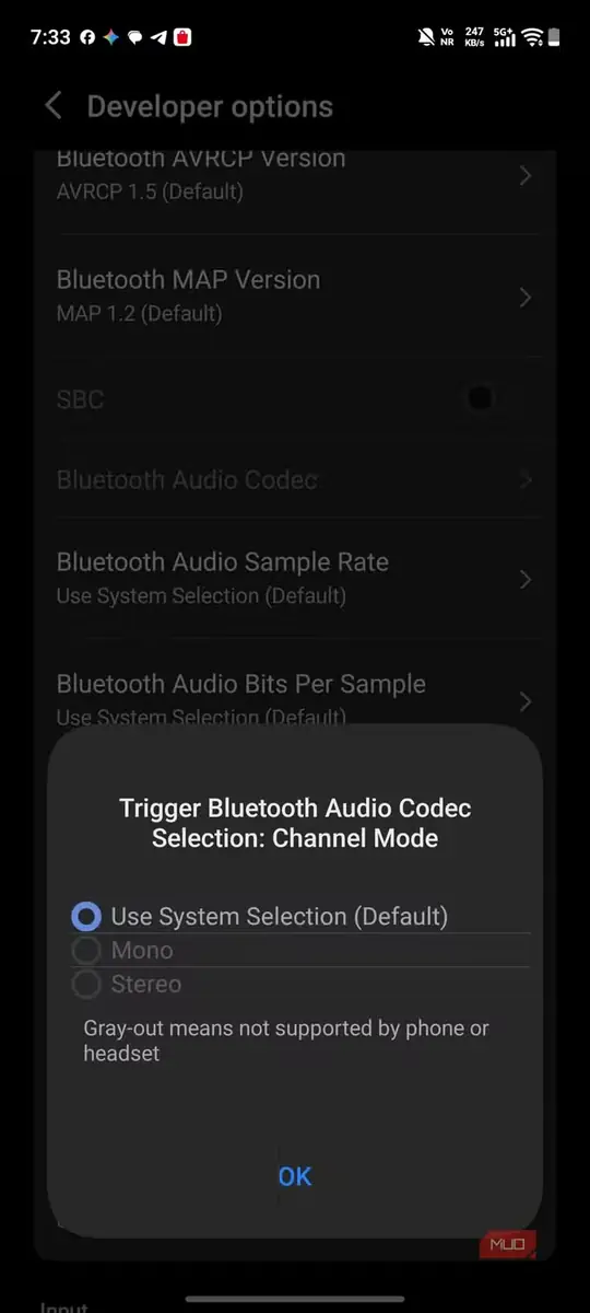 نمایی از تنظیمات کُدک صوتی بلوتوث در vivo x300 pro