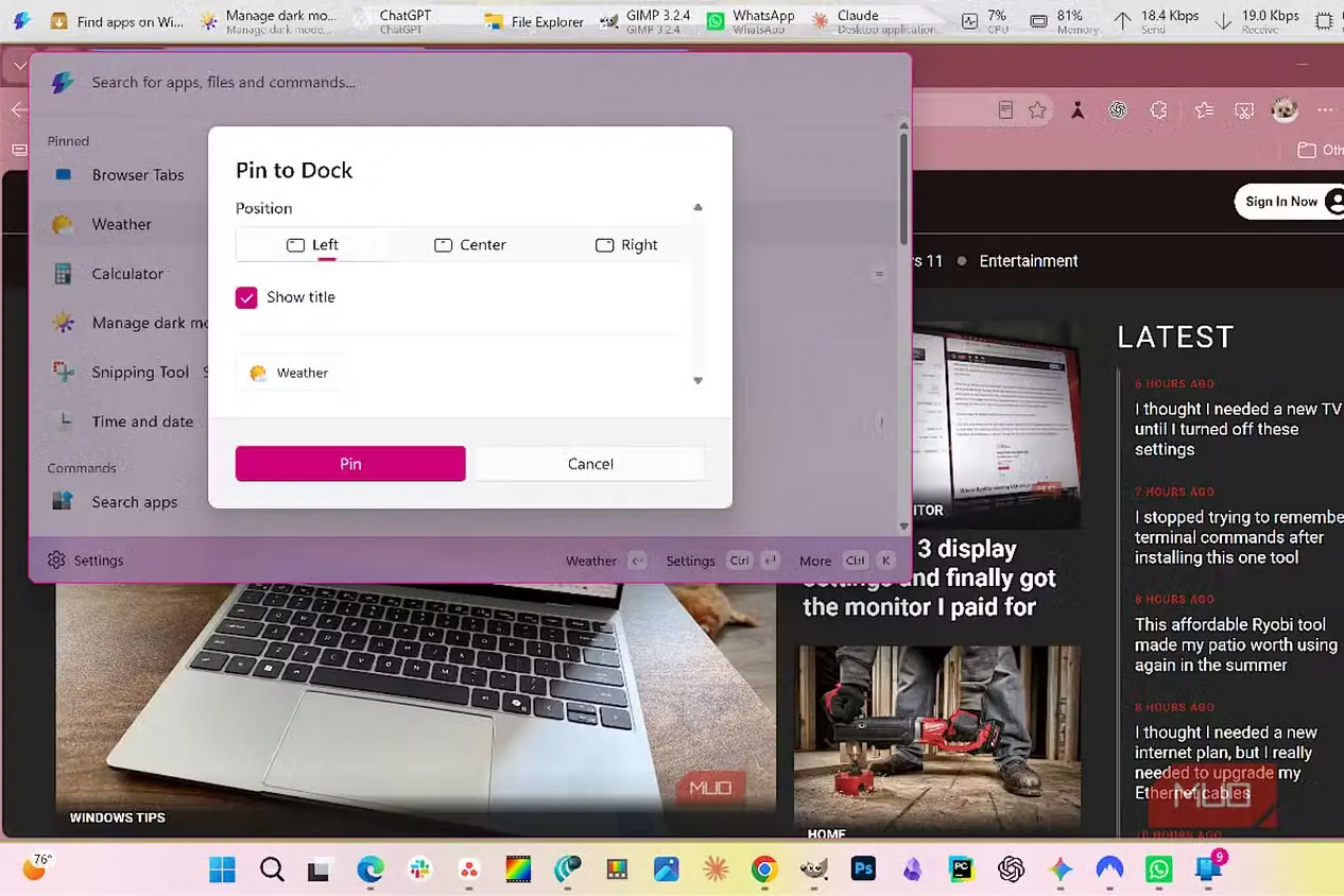 پنجرهٔ «سنجاقکردن به داک» در PowerToys با گزینههای جایگذاری برنامه در داک