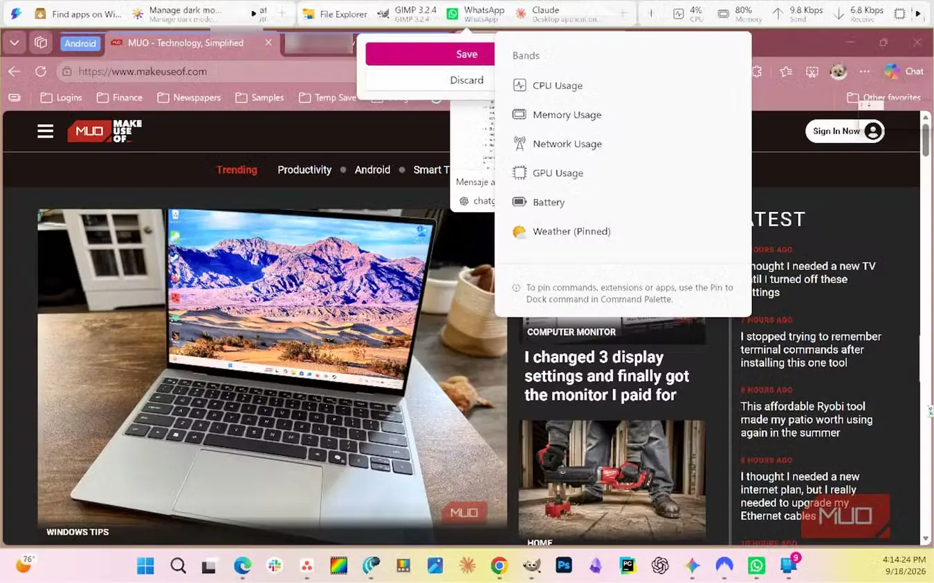 پنجرهٔ «ویرایش داک» در PowerToys با نوارهای سنجاقشده، از جمله آبوهوا، و دکمهٔ ذخیره