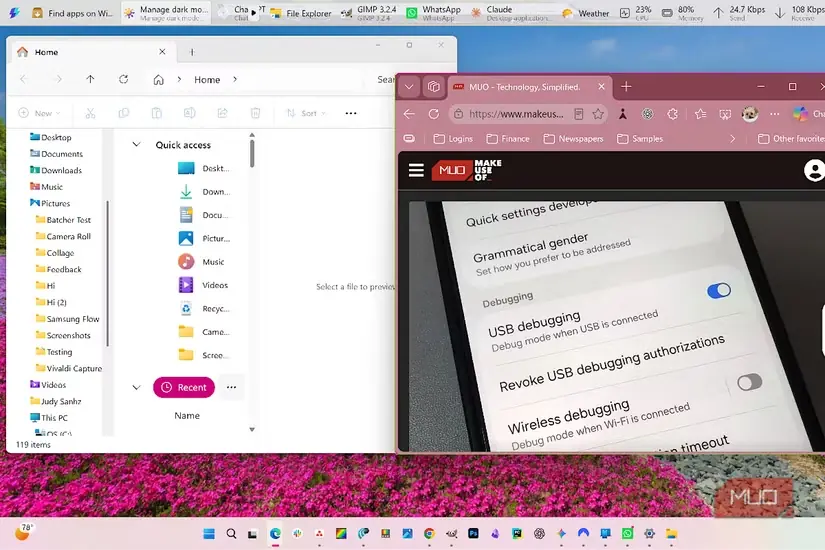 دسکتاپ Windows 11 با داک PowerToys در بالا، نوار وظیفه در پایین و برنامههای باز در میان آنها