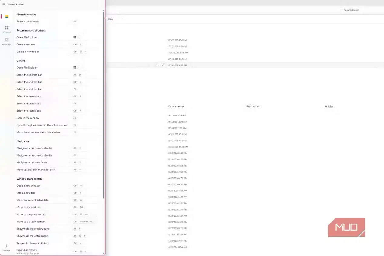 راهنمای میانبرهای PowerToys در کنار File Explorer، با نمایش میانبر سنجاقشده F5 برای تازهسازی
