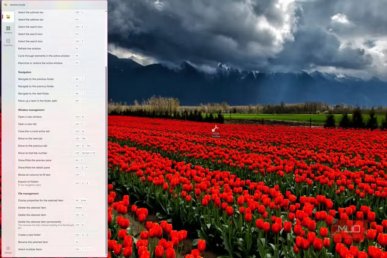 راهنمای میانبرهای PowerToys با نمایش بخشهای پایینی میانبرهای File Explorer، از جمله پیمایش، مدیریت پنجره و مدیریت پرونده