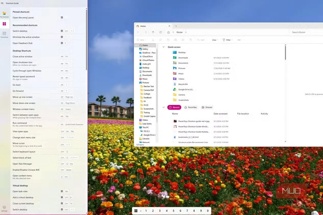 راهنمای میانبرهای PowerToys در کنار File Explorer، با نمایش میانبرهای Windows و نشانگرهای شمارهدار نوار وظیفه از 1 تا 0 در پایین صفحه