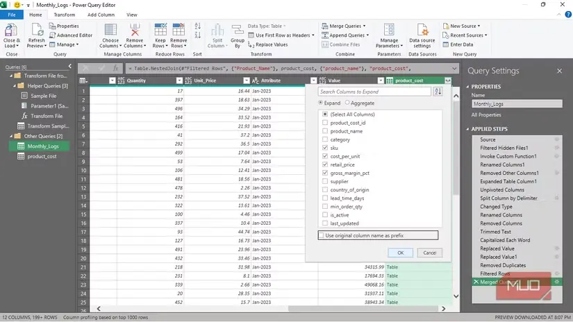 گسترش جدول تازهافزودهشده به پرسوجوی موجود Monthly_Log در Power Query محیط Excel