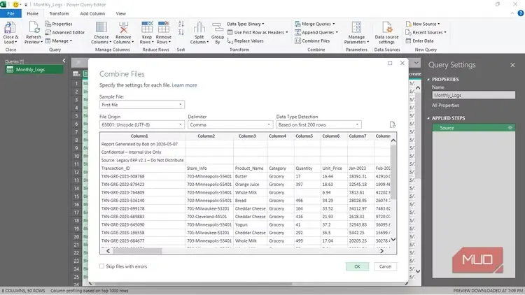 پنجره گفتوگوی «ترکیب پروندهها» در Power Query محیط Excel
