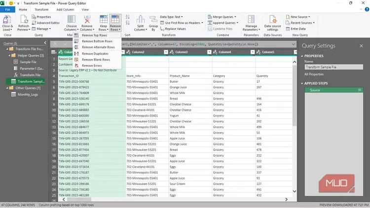 گزینه «حذف ردیف» در Power Query محیط Excel