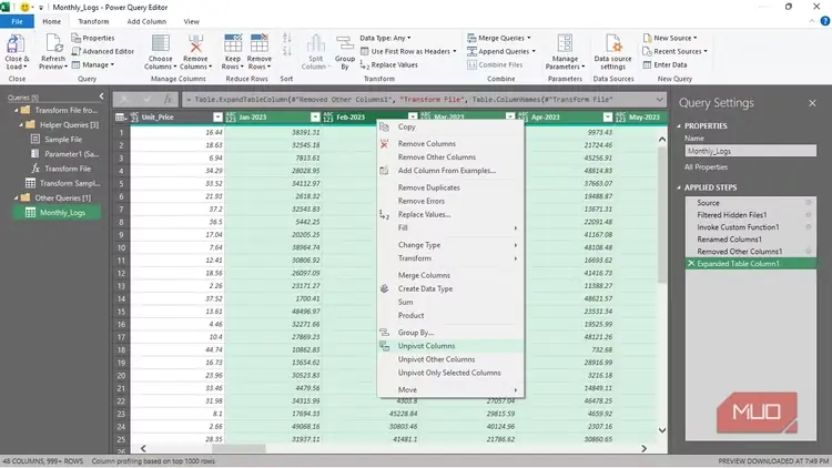 گزینه «خارجکردن ستونها از حالت محوری» برای چند ستون برگزیده در ویرایشگر Power Query محیط Excel