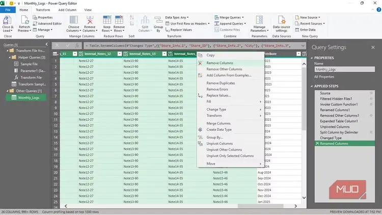 گزینه «حذف ستونها» در Power Query محیط Excel
