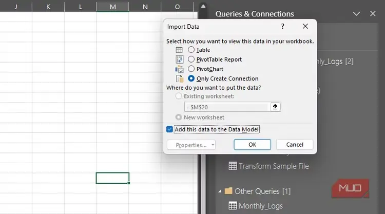 پنجره گفتوگوی «واردکردن دادهها» برای Power Query در Excel