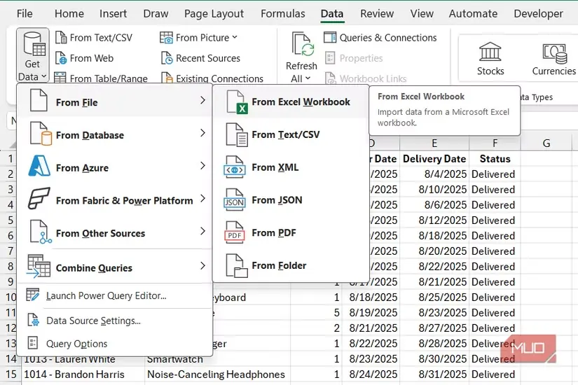 دریافت دادهها از یک کارپوشه Excel با استفاده از Power Query