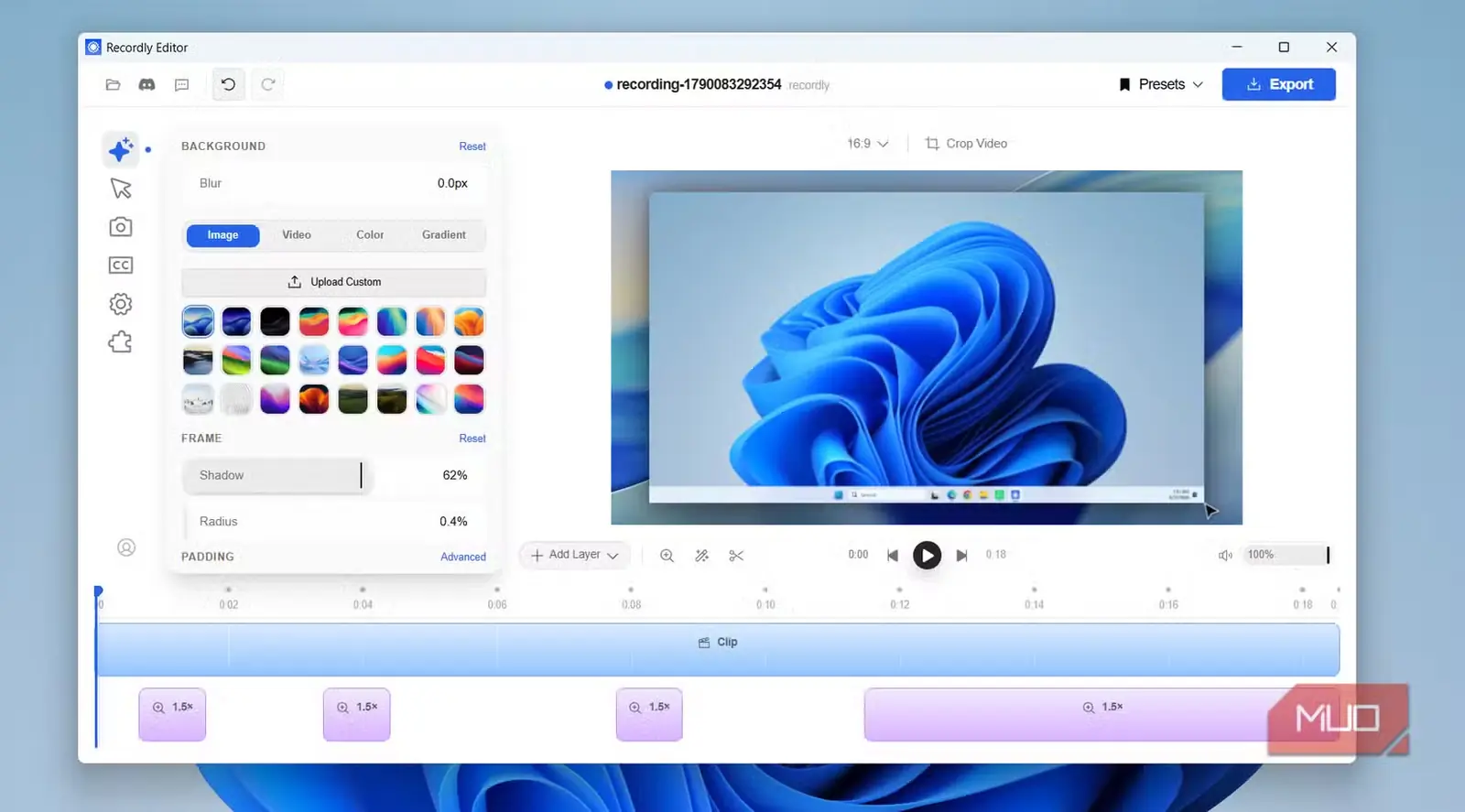 نمای ویرایشگر Recordly در رایانه ویندوزی