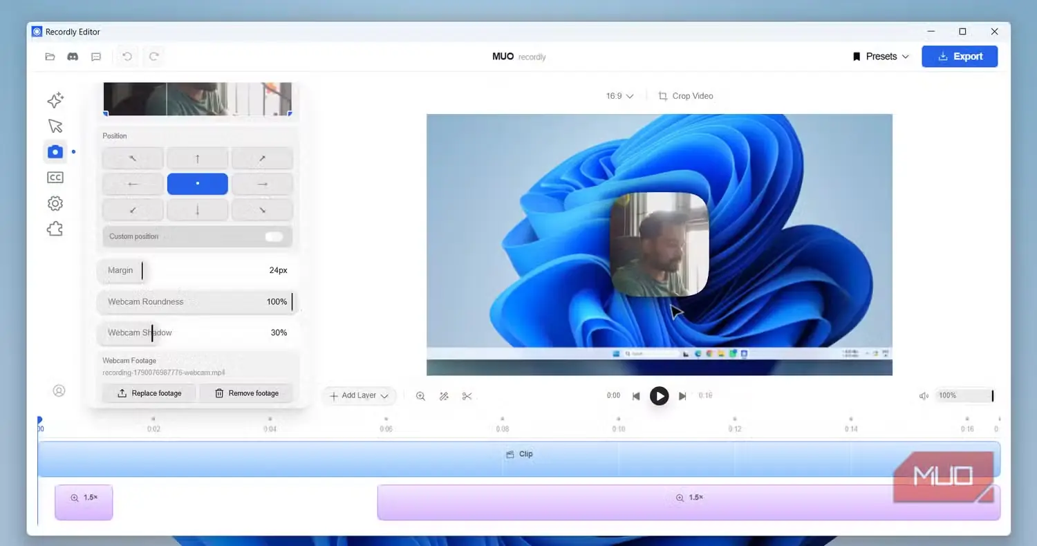ویرایش قاب رویتصویر وبکم در Recordly