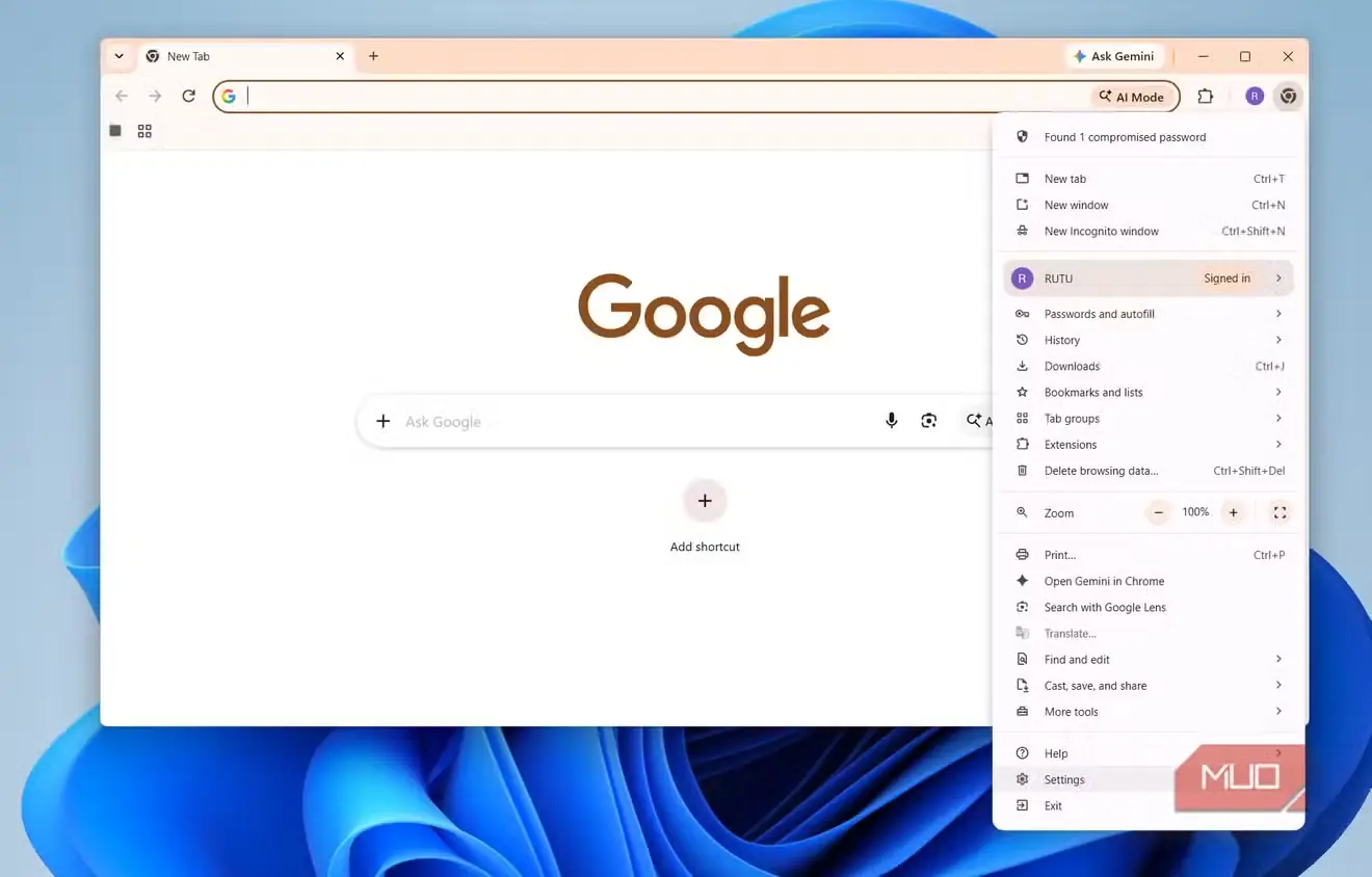 منوی تنظیمات Chrome در رایانه
